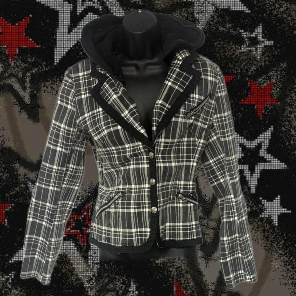 Y2k tripp nyc black and white plaid blazer hoodie